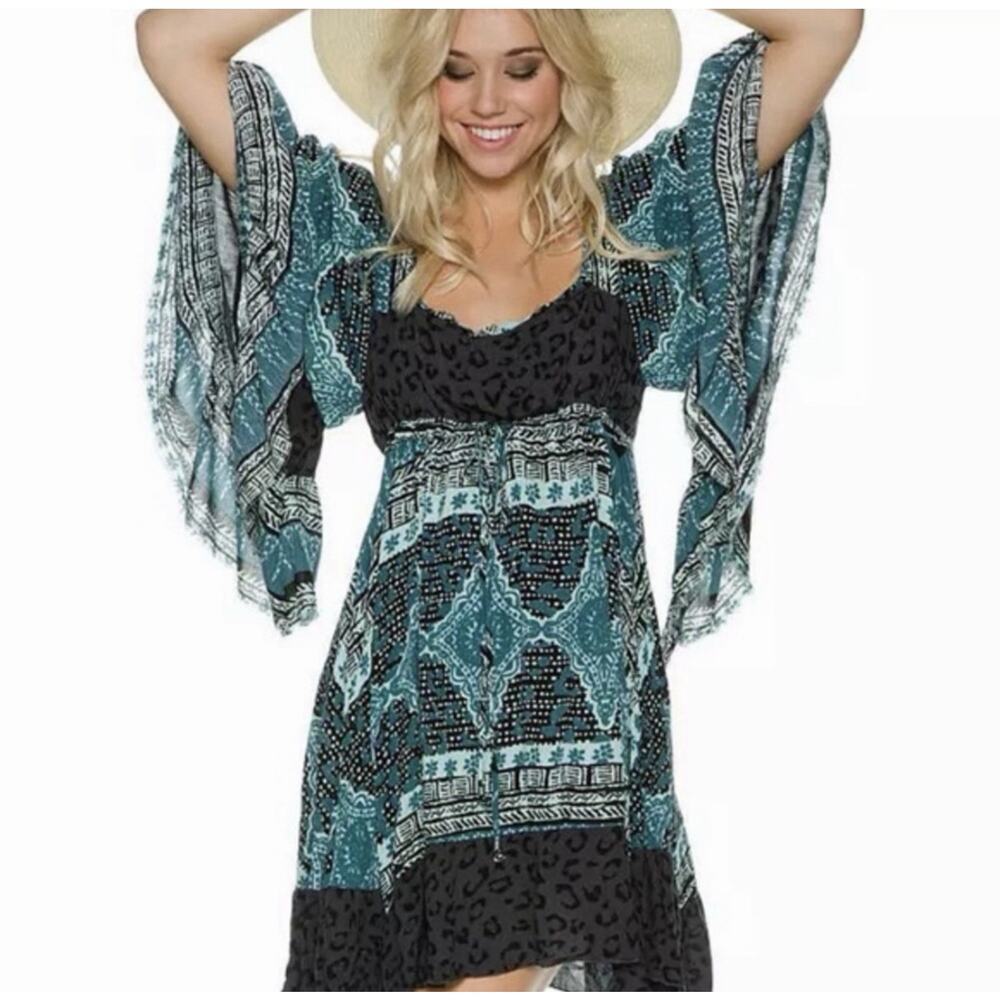 Free People Heart Of Gold Mini Dress Boho Flare Sleeves Women’s Size Small